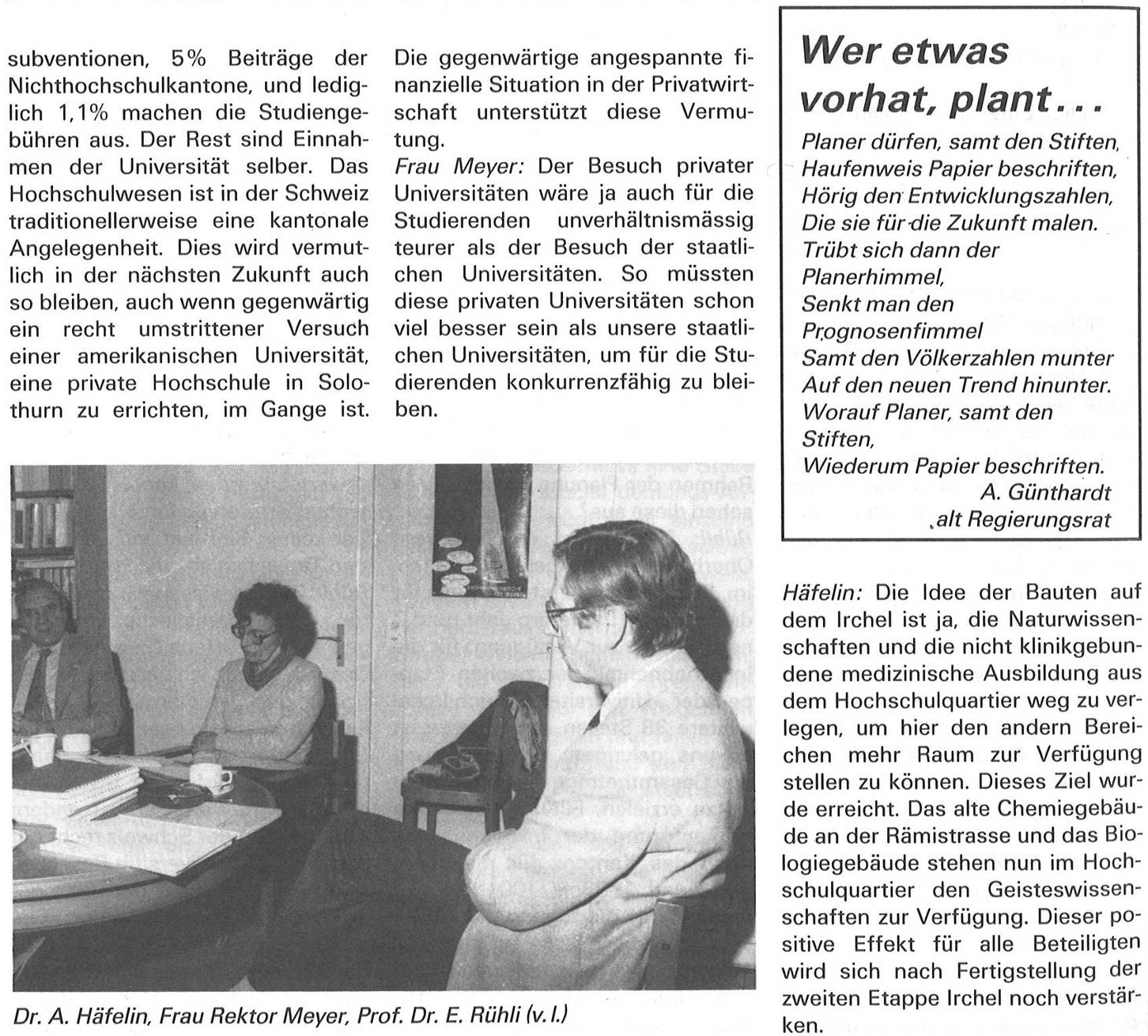 Reim von Alt-Regierungsrat Günthardt in der «uni zürich», 1983.